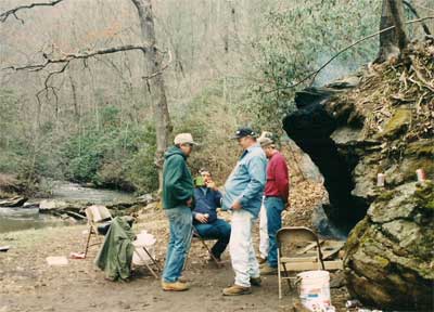 People gather at the Big Rock fireplace