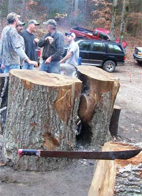 Machete in log at campfire