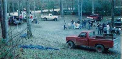 Red truck beside the horseshoe pits